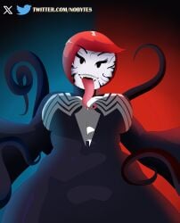 2024 2d_(artwork) breasts crossover ellie_rose henry_stickmin_(game) long_tongue low-angle_view marvel marvel_comics mob_face nobytes_(artist) red_hair sharp_teeth smile smiling_at_viewer solo solo_female spider-man_(series) symbiote tendrils thick_thighs tongue tongue_out venom venom_(marvel)
