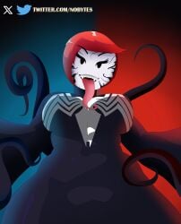 2024 2d_(artwork) breasts crossover ellie_rose female henry_stickmin_(game) long_tongue low-angle_view marvel marvel_comics mob_face nobytes_(artist) red_hair sharp_teeth smile smiling_at_viewer solo solo_female spider-man_(series) symbiote tendrils thick_thighs tongue tongue_out venom venom_(marvel)