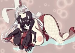 2girls areola areolae black_fur black_hair bunnysuit clothing cute dogscribss fishnet_stockings flat_chest furry gloves high_heels ken_ashcorp kenny kenny_(kenashcorp) large_breasts panda red_eyes selvaria_bles shortstack tagme valkyria_chronicles white_hair yuri