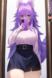 1girls ai_generated big_breasts breasts curvy cute dog_ears dog_girl doggirl female female_focus female_only highres hips huge_boobs huge_breasts kemonomimi light_skin light_skinned_female long_hair mirror patreon_username petgirl phone purple_ears purple_eyes purple_hair purple_tail selfie shirt skirt thick_thighs thighs tori toriwoofs watermark wavy_hair white_skin white_skinned_female wide_hips wolf_ears