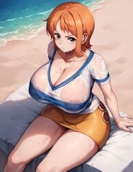 1girls ai_generated beach breasts brown_eyes female female_only from_above goonedoutp3rv huge_breasts looking_at_viewer nami nami_(one_piece) nipples ocean one_piece orange_hair pout see-through see-through_clothing shirt short_hair sitting skirt solo striped_shirt wet wet_clothes