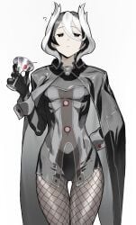 ? black_and_white_hair black_eyes black_gloves bored cape female female_only fishnet_legwear fishnets fully_clothed gloves hair_between_eyes half-closed_eyes leotard made_in_abyss mature mature_female ozen pale-skinned_female pale_skin short_hair slim small_breasts solo soosaresu thigh_gap two_tone_hair wine_glass