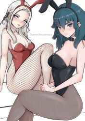 2girls alternate_costume blue_eyes breasts bunny_ears bunny_girl bunnysuit byleth_(fire_emblem) byleth_(fire_emblem)_(female) cleavage easter edelgard_von_hresvelg female female_only fire_emblem fire_emblem:_three_houses grey_hair medium_breasts mourderousx nintendo purple_eyes teal_hair thighs