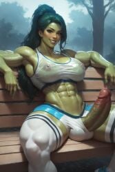 ai_generated big_penis breasts cleavage futa_focus futa_only futanari green_skin hulk_(series) looking_at_viewer marvel marvel_comics muscular muscular_futanari nipples penis ponytail santarvengar she-hulk stable_diffusion sweat