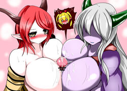 1futa 2girls big_breasts blonde_hair brown_eyes demon_girl demon_horns double_paizuri futanari inma_(takukuroneko) outercourse paizuri precum red_hair smile takukuroneko threesome white_hair