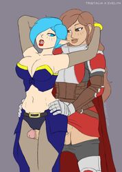 armor athorment athorment_oc balls blue_eyes blue_hair breasts brown_eyes brown_hair cape cleavage clothed elf elf_ears erection evelyn_(athorment) evelyn_(athorment)_(futa) evelyn_knight_(athorment) futanari imminent_sex interracial interspecies latina long_hair navel open_mouth outercourse penis pointy_ears short_hair skirt_lift smile thigh_sex tristalia_(athorment)