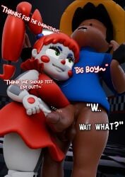 1boy 1girls 3d animatronic baby_(fnafsl) balls circus_baby circus_baby_(fnaf) circus_booby dark-skinned_male dark_skin dialogue english english_dialogue english_text female five_nights_at_freddy's five_nights_at_freddy's:_security_breach five_nights_at_freddy's:_sister_location genitals green_eyes jordevoir male penis prodding red_eyes robot robot_girl skirt straight text thick_penis twintails