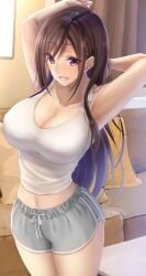 :d armpits arms_behind_head arms_up breasts brown_eyes brown_hair cleavage collarbone couch curtains female grey_shorts indoors large_breasts living_room long_hair navel open_mouth original picture_frame pillow shorts smile solo table tank_top white_tank_top zeroamu