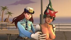 2girls 3d 3d_(artwork) beach breast_grab breasts breasts_out browmgreen_hair brown_hair d.va exhibitionism exhibitionist green_eyes kiriko_(overwatch) overwatch overwatch_2 police_officer_d.va policewoman tagme