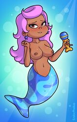 1girls aged_up biting_lip bubble_guppies color colored dark-skinned_female earrings eroticphobia female female_only freckles full_body holding_object mermaid mermaid_girl microphone molly molly_(bubble_guppies) nick_jr nickelodeon nipples pinky_out png signature solo solo_female star_shaped_earrings topless underwater