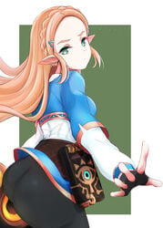 blonde_hair breath_of_the_wild dat_ass female from_behind green_eyes huge_ass large_breasts long_hair looking_at_viewer naopyart princess_zelda serious sideboob teenager the_legend_of_zelda the_legend_of_zelda:_breath_of_the_wild tight_pants zelda_(breath_of_the_wild)