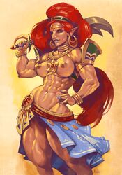 abs blue_eyes blue_lipstick breasts breath_of_the_wild busty dark-skinned_female earrings extreme_muscles female fit fit_female gerudo janrock lipstick long_hair muscles muscular muscular_female muscular_thighs navel nintendo nipples pointy_ears ponytail pose red_hair solo sword tagme the_legend_of_zelda urbosa weapon