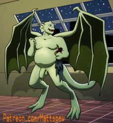 absurd_res anthro balls broadway_(gargoyles) clothing disney flaccid foreskin gargoyle gargoyles genitals hi_res humanoid_genitalia humanoid_penis inside loincloth male male_only mattspew membrane_(anatomy) membranous_wings muscular nude penis simple_background slightly_chubby smile solo uncut wings