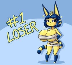 1girls alternate_breast_size animal_crossing ankha anthro bandages big_ears big_eyes big_head blue_background blue_fur blue_hair breasts bursting_breasts cat_ears cat_girl cat_tail chest_wraps chibi cleavage eye_contact female female_only full_body furry half-closed_eyes huge_breasts limebreaker looking_at_viewer neoteny nintendo sarashi short_hair shortstack small_but_busty solo striped_tail stripes tail text thick_thighs thigh_gap top_heavy wide_hips wrappings yellow_fur yellow_skin