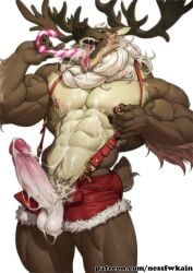 1boy 2021 abs anthro antlers artist_name ball_tuft balls ballsack bara beard beefy big_bulge biped body_fur braided_hair brown_fur candy candy_cane candy_cane_in_mouth capreoline cervid cum cum_on_chest cum_on_penis cum_on_self cum_on_stomach dessert digital_media_(artwork) ear_piercing ear_ring erection facial_hair food foreskin foreskin_folds genitals hi_res humanoid_penis intact licking long_hair_male looking_at_viewer male male_nipples male_only male_pubic_hair mammal masculine mature_male multicolored_body multicolored_fur muscles muscular_anthro muscular_male neck_tuft nessfwkain nesskain nipple_fetish nipple_piercing nipple_pinch nipple_play nipple_ring nipple_rings open_mouth open_smile patreon_username pecs penis penis_out piercing pinch pubes reindeer retracted_foreskin saliva scrotum simple_background smile solo suspenders tan_countershading testicles tongue tongue_out tuft uncut vein veiny_biceps veiny_penis white_background white_hair