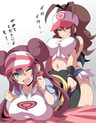 2girls alternate_breast_size anime_style ass_grab bent_over big_ass big_breasts breasts cleavage curvaceous doggy_style double_bun dry_humping female female_only from_behind hat having_fun hilda_(pokemon) huge_breasts human humping konno_tohiro large_breasts lesbian long_hair looking_at_viewer looking_down one_eye_closed open_mouth pantyhose playful pokemon pokemon_bw pokemon_bw2 ponytail pretending rosa_(pokemon) sexually_suggestive shirt shorts skirt smile tank_top thick_thighs twintails wide_hips wince yuri