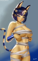 1girls alternate_breast_size animal_crossing ankha ankha_(animal_crossing) anthro armpits ass bandages bare_shoulders belly big_breasts black_eyes blue_background blue_eyeliner blue_eyeshadow blue_fur blue_hair blush bob_cut breasts cat cat_ears cat_tail catgirl cleavage covered_nipples covered_pussy cute easonx egyptian eye_contact eyelashes eyeliner eyeshadow feline female female_only fit fringe fur furry huge_breasts large_breasts looking_at_viewer makeup medium_hair mostly_nude navel nintendo patreon paw_pose petite pose seductive_look solo standing stripes tail teenager text thick_thighs thin_waist watermark wide_hips yellow_fur