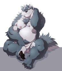 4_toes 5_fingers anthro balls biceps black_nose black_pawpads blue_body blue_fur blue_tail canid canine canis chest_tuft claws clothed clothing feet fingers fur genitals grey_body grey_fur hair hair_over_eye hank_(takemoto_arashi) hi_res looking_at_viewer male male_only mammal multicolored_body multicolored_fur musclegut nipples one_eye_obstructed partially_clothed pawpads raised_arm sitting smile solo takemoto_arashi toes towel towel_around_neck towel_on_shoulder tuft two_tone_body two_tone_fur two_tone_tail wolf