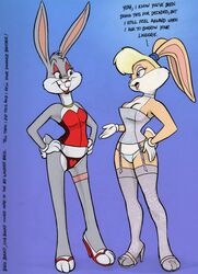 1boy 1girls animal_humanoid anthro blue_background buckteeth bugs_bunny canon_crossdressing crossdressing david_a_cantero eyeshadow girly high_heels humor lingerie lipstick lola_bunny looney_tunes makeup simple_background text