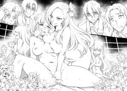 4boys 4girls alan_stuart blush breasts commentary fingering flower forced_yuri geordo_stuart hair_flower hair_ornament hisakawa_chin katarina_claes keith_claes lesbian_domination lesbian_rape line_art long_hair maria_campbell mary_hunt monochrome multiple_boys multiple_girls netorare nipples nude otome_game_no_hametsu_flag_shika_nai_akuyaku_reijou_ni_tensei_shite_shimatta rose sophia_ascart tears yuri