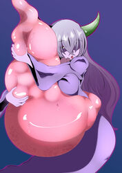 big_breasts clothing demon_girl demon_horns inma_(takukuroneko) milf open_mouth purple_skin tail tail_vore takukuroneko vore