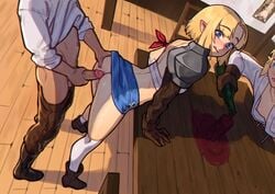 1boy 2girls :p alcohol armband ass bandeau bent_over bent_over_table blonde_hair blue_eyes blue_skirt blush boots bottle breasts down_blouse elbow_gloves elf elf_female erection exposed_breasts gloves hand_on_another's_ass hand_on_own_penis human imminent_anal imminent_penetration imminent_sex ivnir_the_elf_(nilsunna) kneehighs leather leather_gloves looking_back male_human/female_elf multiple_girls neliel_(nilsunna) nilsunna open_clothes open_shirt original overflow overflowing pants_down pauldrons pointy_ears pouring public_use shirt_lift short_hair skirt small_breasts spread_ass spreading sunna_(nilsunna) surprised table tongue tongue_out uncensored upskirt wine wine_bottle wooden_chair wooden_floor wooden_table