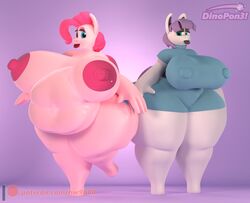 2girls 3d anthro anthrofied belly big_belly big_breasts breasts breasts_apart clothing dinopony dress duo female female_only friendship_is_magic furry huge_belly huge_breasts hyper_bimbo large_breasts leg_up maud_pie_(mlp) my_little_pony nipple_bulge nude overweight overweight_female pinkie_pie_(mlp) simple_background skimpy straight_hair thick_bottom_lip thick_thighs thighs turtleneck