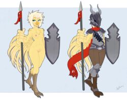 anthro armor avian blue_eyes breasts chocobo female final_fantasy innie_pussy jet_(ucrodevil) nude pussy rishi-chan spear square_enix weapon