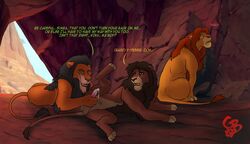 balls bodily_fluids cum cum_drip disney domination dripping english_text erection felid feral feral_on_feral gay genital_fluids genitals goldeyboi group half-closed_eyes handjob hi_res kovu lion looking_at_penis looking_back lying male male/male male_domination male_only mammal narrowed_eyes open_mouth pantherine paws penile penis raised_leg scar_(the_lion_king) sex simba smile spread_legs spreading text the_lion_king yaoi