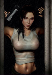 3d 3d_(artwork) armpits arms_up big_breasts big_lips blackhearted brown_eyes brown_hair clothing edit female female_only fingerless_gloves firearm gloves gun handgun lara_croft lara_croft_(classic) lips long_hair midriff midriff_baring_shirt navel nipples nipples_visible_through_clothing no_bra no_bra_under_clothes pants pistol ponytail rain raining see-through see-through_clothing see-through_top solo tank_top third-party_edit tomb_raider weapon wet wet_clothes wet_hair wet_shirt yaskata03