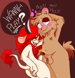 2boys anthro bear femboy freckles frottage furry goat lip_biting male_on_male male_only nervous penis pinkeyesoda purple_eyes red_hair slightly_chubby smiling sweat sweatdrop tease teasing yellow_eyes