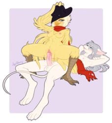 anthro blue_eyes breasts burmecian chocobo duo erection female final_fantasy hat jet_(ucrodevil) lux_(ucrodevil) male naked_hat nude penis pussy reverse_cowgirl_position rishi-chan scarf sex square_enix straight vaginal_penetration