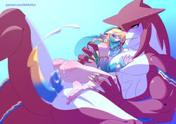 2boys anal anal_sex blonde_hair blue_eyes breath_of_the_wild censored cum diphallia diphallism fehforfun femboy gerudo_link link link_(breath_of_the_wild) male/male monster multi_penis penis sidon_(zelda) size_difference tagme the_legend_of_zelda yaoi zora