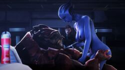 1boy 2girls 3d alien asari being_watched commander_shepard cowgirl_position female_on_top femshep interspecies krogan liara_t'soni mass_effect mogenarsfm nude_female source_filmmaker urdnot_wrex vaginal_penetration walked_in_on