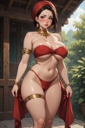 1girls ai_generated armlet bandeau bangle belly_button bindi black_hair blush brown_eyes bursting_breasts cameltoe cleavage earrings eyelashes female hair_strand holding_skirt hourglass_figure indian indian_female large_breasts lipstick midriff neck_jewelry nipple_outline pelvic_line potted_plant red_clothing revealing_clothes rgomez007 self_upload shy shy_expression skimpy skimpy_clothes skindentation skirt_removed solo_female stable_diffusion standing thick_lips thick_thighs thighlet thong tied_hair turban underboob warm_colors warm_lighting wide_hips