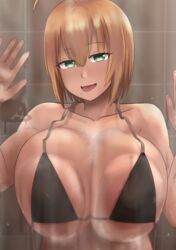 1girls against_glass big_breasts bra breasts cleavage female female_only huge_breasts large_breasts looking_at_viewer nao_(ritsancrossover) solo