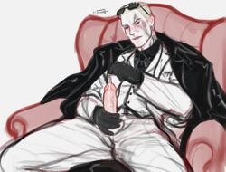 black_sclera blonde_hair blush cock formal_wear fully_clothed gloves gold_eyes holding_penis male male_masturbation male_only masturbation penis pink_tip resident_evil resident_evil_9:_requiem solo solo_male sounding suit suit_and_tie sunglasses sunglasses_on_head tvirus urethral_insertion white_hair yellow_eyes zeno_(resident_evil_requiem)