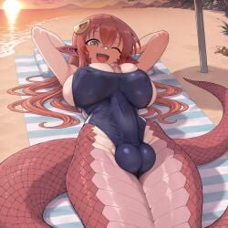 1girl ai_generated autopaizuri autopaizuri_under_clothes autotitfuck beach bulge bulge_under_clothes covered_penis erection_under_clothes erection_under_clothing glans hair_between_eyes huge_cock human lamia large_breasts light-skinned_futa long_hair long_hair_female looking_at_viewer miia_(monster_musume) monster_girl monster_musume_no_iru_nichijou naga noodle_jacuzzi on_back one-piece_swimsuit one_eye_closed open_mouth pointy_ears red_hair scales slit_pupils smile snake_girl snake_humanoid snake_tail solo sunset swimsuit wink winking_at_viewer yellow_eyes