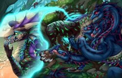 4_fingers 4_toes 5_heads absurd_res anal animal_genitalia anus beach bioluminescence blue_body blue_membrane blue_scales bodily_fluids brown_body brown_scales cheek_frill claws cunnilingus detailed_background dragon fangs feet female feral fin fingers firael foot_lick forest forest_background forked_tongue frill_(anatomy) genital_fluids genital_slit genitals glowing glowing_body glowing_eyes green_glow green_stripes head_fin hi_res horn licking magic male male/female membrane_(anatomy) multi_head mythological_creature mythological_scalie mythology nature nature_background neck_frill non-euclidean_sex open_mouth oral plant portal portal_sex purple_anus purple_vulva quadruped red_body red_eyes red_glow red_stripes rimming saliva saliva_on_anus saliva_on_finger saliva_on_pawpads saliva_on_tongue saliva_on_vulva scales scalie seaside sex siatrax spines stripes stuck tail teeth thinking_with_portals toes tongue tongue_out tree vaginal_penetration voxatal vulva wet yellow_eyes