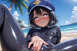 1girls 2020s 2026 3:2 5_fingers afrobirth ai_generated beach black_bodysuit black_clothing black_eyebrows black_eyelashes black_rubber black_wetsuit blue_hat blush blush_lines bodysuit clothed_masturbation clothing cloud day daylight eyebrows eyelashes female female_only female_protagonist_(pokemon_ww) fingering fingering_pussy fingering_self fingering_through_clothes grey_eyes hat human human_only looking_pleasured masturbation masturbation_through_clothing nipple_bulge open_eyes outdoors page_9 palm_tree png pointy_chin pokemon pokemon_ww rubber rubber_clothing rubber_suit sand shiny_clothing sitting sitting_on_beach sixpence sky solo sunlight sweat sweating teeth tight_clothing tree trembling va_(artist) water waves wet wet_clothes wet_clothing wet_hair wet_skin wetsuit