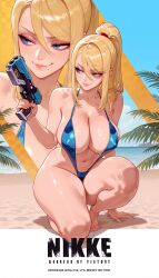 1girls ai_generated balecxi bare_legs bare_shoulders barefoot beach bikini blonde_hair blue_eyes blue_one-piece_swimsuit blue_swimsuit breasts cleavage closed_mouth clothing collarbone copyright_name covered_nipples curvaceous curvaceous_female curvaceous_figure curvy curvy_figure day exhibitionism feet female female_focus female_only full_body gun hair_between_eyes handgun high_ponytail holding holding_gun holding_weapon inviting large_breasts legs lips long_hair looking_to_the_side makeup metroid mole mole_under_mouth multiple_views navel nintendo on_one_knee one-piece_swimsuit outdoors outside palm_tree paralyzer ponytail presenting presenting_ass presenting_breasts presenting_hindquarters presenting_pussy presenting_self samus_aran sand seductive seductive_look seductive_smile shiny_skin sidelocks sitting sky slingshot_swimsuit smile solo squatting stomach strap_gap swimsuit thick_thighs thighs toenails toes voluptuous voluptuous_female weapon zero_suit zoom_layer