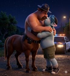 2026 2boys accurate_art_style age_difference ai_generated barley_lightfoot blush cargo_shorts chubby closed_eyes colt_bronco converse disney draal_the_deadly elf footwear gay grok kissing male male_only minotaur moustache night onward_(2020) pixar police police_car road shirtless shorts step-incest stepfather stepson yaoi
