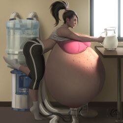 big_breasts black_hair blue_eyes breast_bigger_than_body breast_veins breasts_bigger_than_head freckles freckles_on_breasts freckles_on_shoulders huge_breasts humongous_breasts hyper_breasts jessica_(mangrowing) lactation mangrowing milking milking_machine ponytail visible_veins
