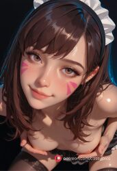 ai_generated bare_shoulders blush booty brown_eyes brown_hair close_up covered_nipples covering_nipples cute cute_face d.va eye_contact facial_markings female female_only firm_ass long_hair looking_at_viewer maid maid_headdress maid_uniform overwatch perky_breasts petite petite_body petite_breasts portrait slender_body slim_waist small_breasts stockings thin topless uwu
