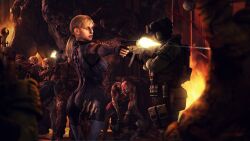 3d 4k ass ass_focus blonde_female blonde_hair blue_clothing female guns hi_res jill_valentine jill_valentine_(blonde) jill_valentine_(julia_voth) leather_clothing male resident_evil resident_evil_5 serfatboy tied_hair tight_clothing waist wallpaper weapon wide_hips