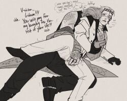 2boys black_gloves bulge bulge_through_clothing bulge_under_clothes clothed clothes crotch crotch_grab fondling gay grabbing_penis groping groping_through_clothes humping lilydei panting resident_evil resident_evil_9:_requiem suit suit_and_tie suit_jacket sunglasses sunglasses_on_head tagme victor_gideon yaoi zeno_(resident_evil_requiem)