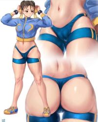 1girls artist_request ass brown_eyes brown_hair cameltoe capcom chun-li female female_only hoodie no_pants pussy_visible_through_clothes sneakers solo street_fighter street_fighter_alpha thigh_straps thong tied_hair unknown_artist