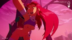 1boy 1girls 2d animated armband bottomless clothes_lift cowboy_shot dick_grayson digital_media female gauntlets green_eyes male moaning orange_skin purple_topwear queencomplex red_hair robin_(dc) robin_(dick_grayson) robin_(teen_titans) sex sound starfire starfire_(teen_titans) straight tagme teen_titans thighhighs video