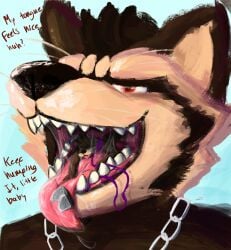 absurd_res anthro archer915 bodily_fluids chains collar duo hi_res in_mouth inside_mouth leash macro male male/male mammal mawplay micro mustelid open_mouth otter procyonid raccoon saliva saliva_covered size_difference tongue vore