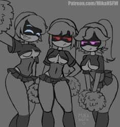 3girls blue_eyes cheerleader cheerleader_uniform doll_(murder_drones) drone female female_focus female_only grey_background hand_on_hip lizzy_(murder_drones) mikansfw murder_drones pink_eyes pom_poms rebecca_(murder_drones) red_eyes skirt smiling worker_drone